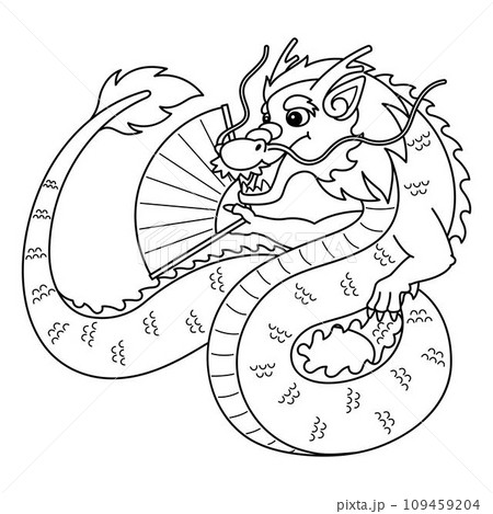 Year of the Dragon with Hand Fan Isolated Coloring 109459204