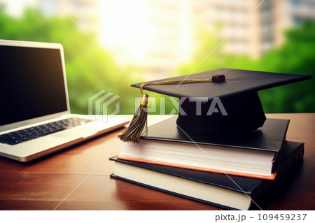 A stack of books with a graduation cap on top of it, generative ai 109459237