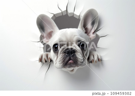 Cute Puppy peeking out of a hole in wall for mockup. Generative AI Cute Puppy peeking out of a hole in wall for mockup. Generative AI 109459302