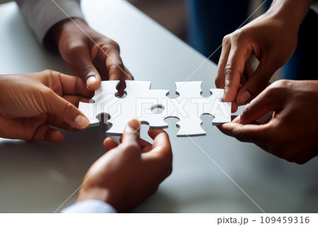Business people with jigsaw puzzle pieces in the office Successful teamwork. AI generative 109459316