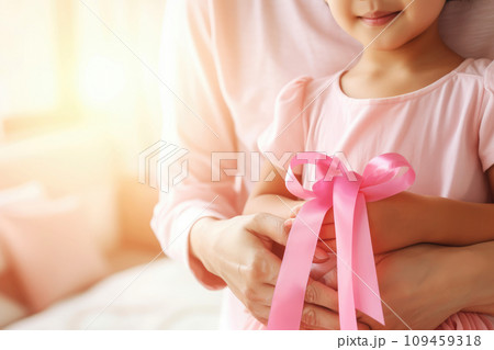 person hold a pink ribbon cancer. a pink cancer awareness. generative ai 109459318