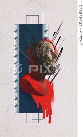 Poster. Contemporary art collage. Artwork of statue against background with ornaments and futuristic drawn elements. 109459321