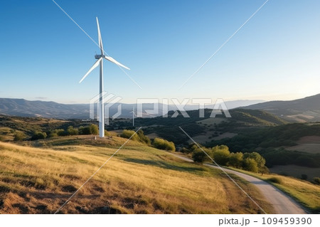 Wind turbines on the green hills against the colorful sunset sky. Production of renewable green energy. g. Generative AI 109459390