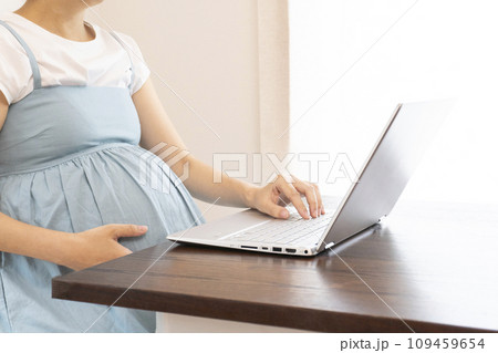 パソコン画面を見ている妊婦の女性 109459654