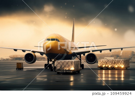 Commercial cargo air freight airplane loaded at airport in the evening, Generative AI 109459924