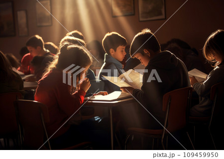 children are reading a book in class room, international education day concept. AI generative 109459950