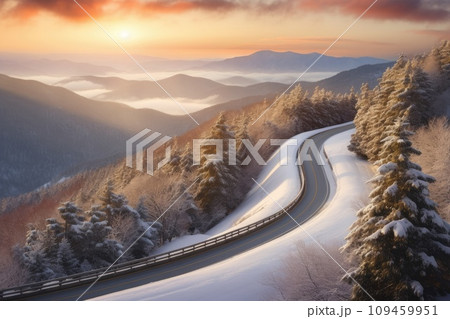 winter road trip. Highway in beautiful winter and fir trees landscape created with Generative AI technology 109459951