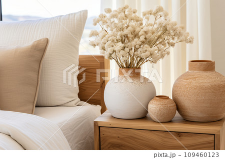 Neutral Scandi-style interior with hygge furniture in the bedroom. Linen bed or bedding. Close up interior details photo. Dried flowers in a vase for interior decoration. 109460123