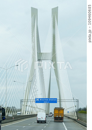 Car traffic on a modern bridge over the Oder River in Wroclaw. 109460685