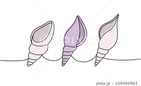 Mollusks. Sea shells, mollusks, scallop, pearls. Tropical underwater shells continuous one line illustration. Vector minimalist linear illustration. Mollusks. Sea shells, mollusks, scallop, pearls. Tropical underwater shells continuous one line illustration. Vector minimalist linear illustration. 109460963