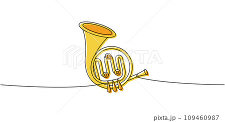 French horn one line colored continuous drawing. Musical instruments continuous one line illustration. Vector minimalist linear illustration 109460987
