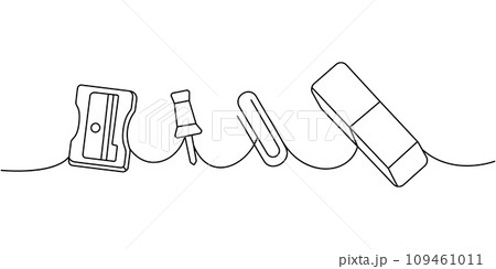 Set of school supplies. Back to school one line continuous drawing. Pencil sharpener, push pins, thumbtack, paper clip, rubber eraser. 109461011