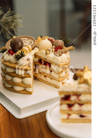 Delicious layered honey cake decorated with chocolate in the shape of Christmas tree decorations 109461323