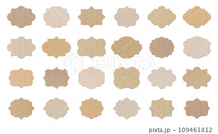 Vintage cardboard label set. Blank frames with paper grunge texture. Abstract ornate retro empty badges. Premium quality product price tag template. Different ornamental filigree flat craft stickers 109461812