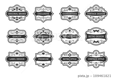Vintage label stamp stencil. Abstract retro filigree ornate empty copy space frame set for premium quality product price tag sticker, package insignia invitation card. Black ornamental linear border 109461821