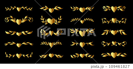 Gold brooch with flourish branch and heart shape, ornate branches pattern. Luxury fashion pin, valentine day love card, text divider, wedding invitation decorations 109461827