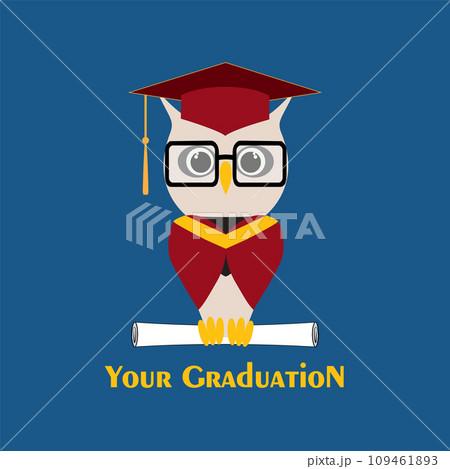 Owl in a graduate hat, master cap holds a graduate certificate, paper roll, scroll document, diploma in paws. Vector owl character in professors or teachers mortar 109461893