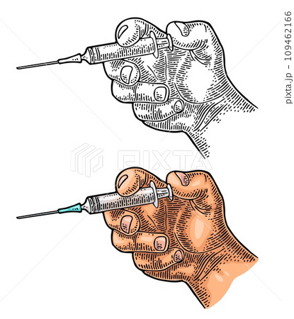 Hand makes an injection with a syringe. Engraving vintage vector 109462166