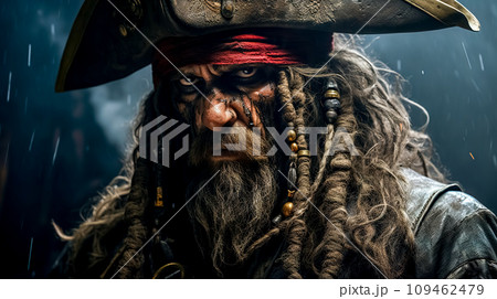 AI-generated content. portrait of a pirate with a mustache and dreadlocks in a captain's hat AI-generated content. portrait of a pirate with a mustache and dreadlocks in a captain's hat 109462479