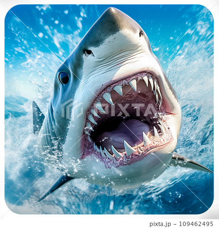 illustration painting of giant shark attacks people in the sea (ai  generated) Stock Illustration