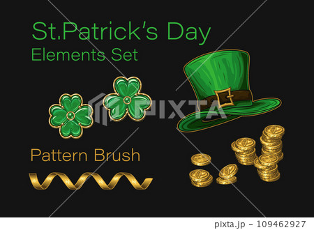 Set of design elements for St Patricks day in vintage style. Jewelry clover, shamrock, leprechaun top hat, golden coins, party streamer pattern brush. Set of design elements for St Patricks day in vintage style. Jewelry clover, shamrock, leprechaun top hat, golden coins, party streamer pattern brush. 109462927