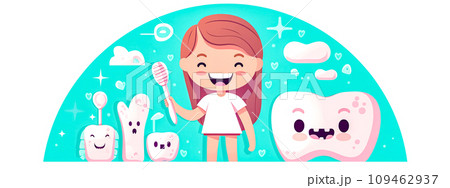 AI-generated content. children's teeth and gum care with toothbrush and paste, banner 109462937