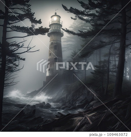 Lighthouse in Storm, Stormy Ocean Landscape and Lighthouse 109463072