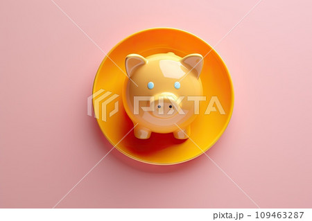 Piggy Bank on Plate, Eating Savings, Financial Difficulties Concept, Saving Pig as Food, Eat Home Finances 109463287