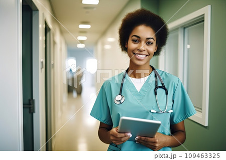Smiling Doctor Wearing Scrubs, Surgeon Woman in Hospital Corridor, Doctor, Generative AI Illustration 109463325