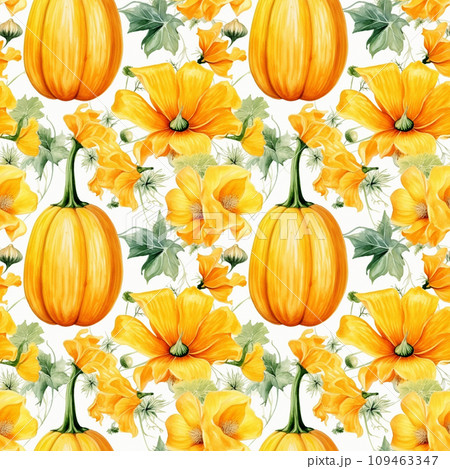 Watercolor Squash Seamless Pattern, Aquarelle Pumpkin, Creative Watercolor Gourd Tile 109463347
