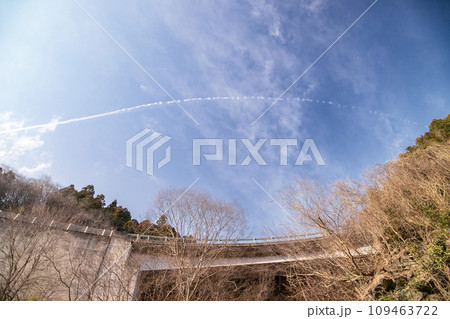下から見上げた秩父往還と飛行機雲（埼玉県秩父） 109463722