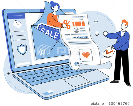 Email marketing vector illustration. Mail delivery systems ensure marketing messages reach intended recipients Achieving high open rates and click through rates is considered significant achievement 109463766