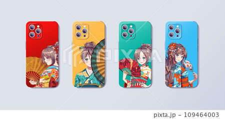 Anime manga girls in kimono and paper fan. Phone case design with colored print. Concept design for case and cover smartphone. Vector Illustration 109464003