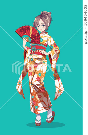 Group of anime manga girls in kimono holding paper fan 109464008