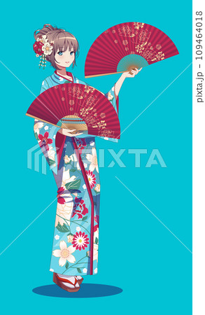 Group of anime manga girls in kimono holding paper fan 109464018