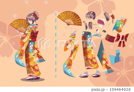Anime girl in kimono with handheld paper fan characters for animation 109464028