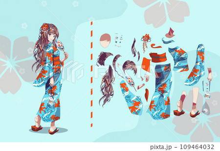 Anime girl in kimono with handheld paper fan characters for animation Anime girl in kimono with handheld paper fan characters for animation 109464032