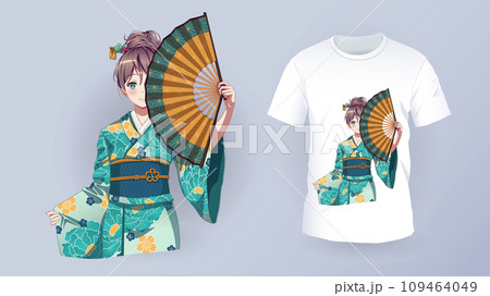 Anime girl in kimono. Prints on t-shirts Anime girl in kimono. Prints on t-shirts 109464049