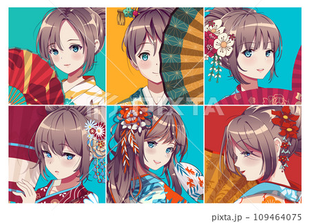 Anime portraits girl avatar set. Kimono and fan 109464075