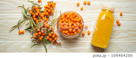 Sea buckthorn healthy drink in bottle, ripe berries in glass jar and branches with leaves top view on white wooden rustic background, great for skin, heart, vessels and immune system. 109464200