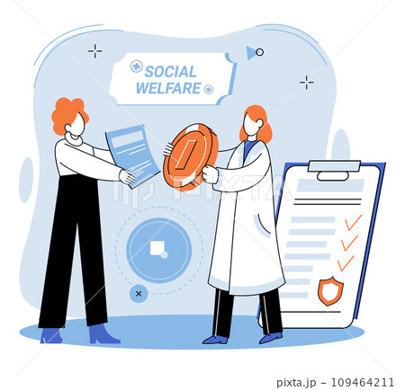 Social welfare. Vector illustration. Happiness can be fostered through altruistic acts and contributions to social welfare The social welfare concept emphasizes collective responsibility to support Social welfare. Vector illustration. Happiness can be fostered through altruistic acts and contributions to social welfare The social welfare concept emphasizes collective responsibility to support 109464211