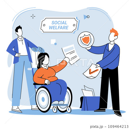 Social welfare. Vector illustration. Wellbeing is enhanced through participation in charitable endeavors and social welfare programs Happiness can be fostered through altruistic acts and contributions 109464213