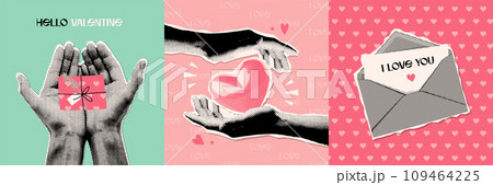 Creative set of Valentine's day greeting card covers with Halftone hand giving gift, letter and heart. Contemporary Valentine Collage Retro celebration poster for Social Media. Vector illustration 80s 109464225