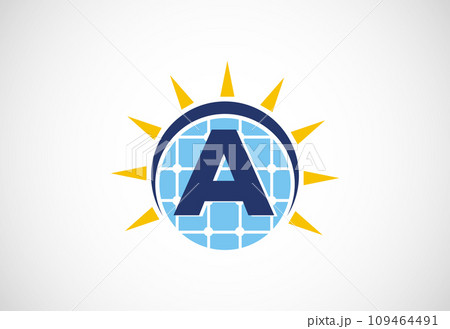 English alphabet with solar panel and sun sign. Sun solar energy logo vector illustration 109464491