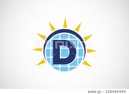 English alphabet with solar panel and sun sign. Sun solar energy logo vector illustration 109464494