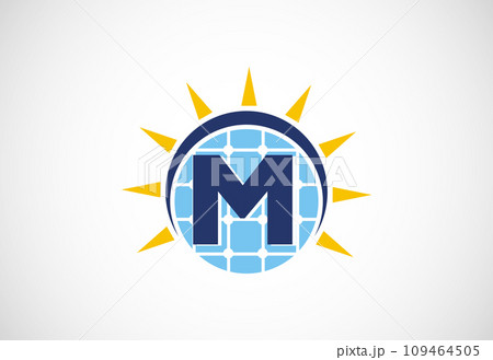 English alphabet with solar panel and sun sign. Sun solar energy logo vector illustration 109464505