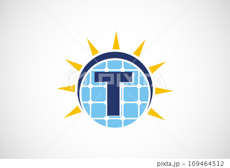 English alphabet with solar panel and sun sign. Sun solar energy logo vector illustration 109464512