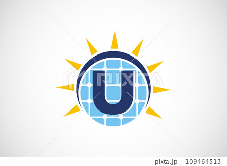 English alphabet with solar panel and sun sign. Sun solar energy logo vector illustration 109464513