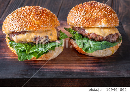 Two homemade cheeseburgers 109464862