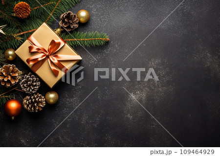 A christmas xmas background photo of some gifts, upper view, top view, postcard or invitation graphics A christmas xmas background photo of some gifts, upper view, top view, postcard or invitation graphics 109464929